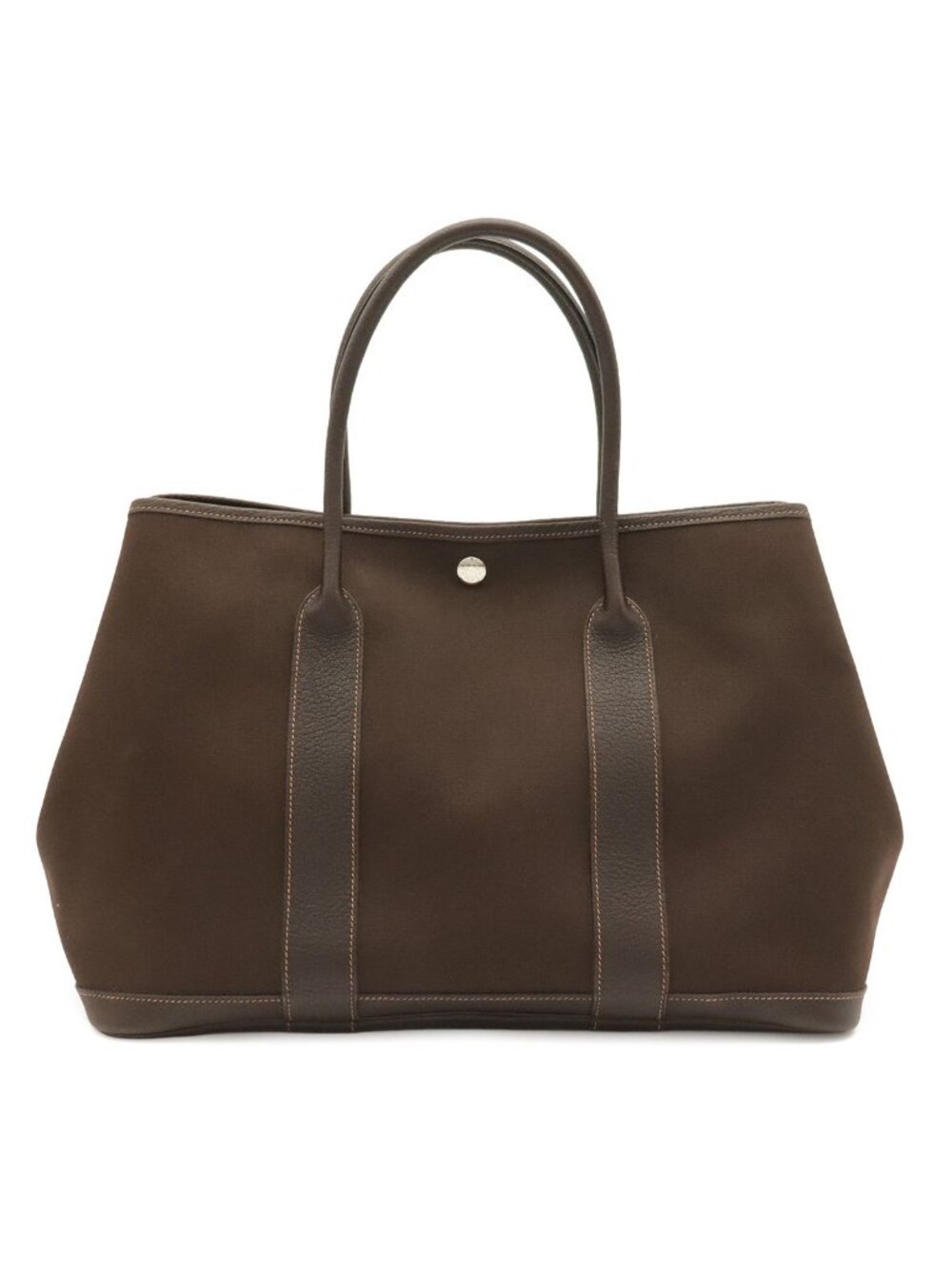 Hermes Garden Party PM Tote Shoulder Bag Toile Officier Leather Dark Brown